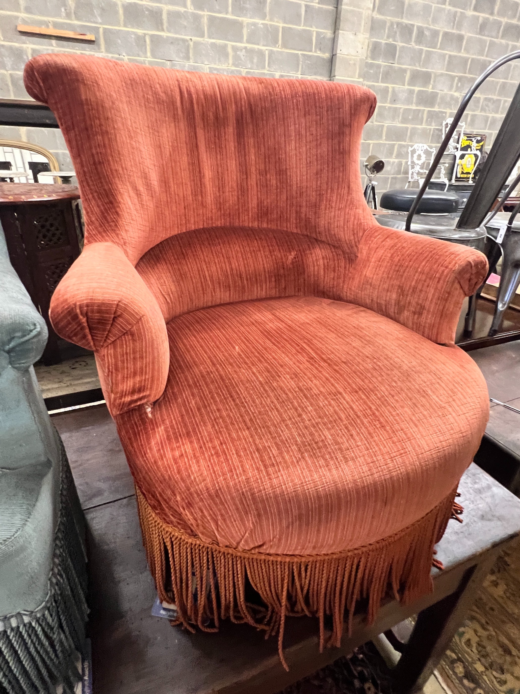 Two upholstered tub framed side chairs, larger width 74cm, depth 68cm, height 80cm